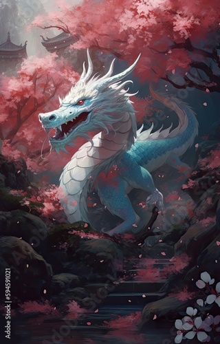 A white dragon is sitting in front of a pink blossom tree Generative Ai