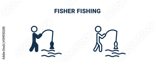 fisher fishing icon. Outline and filled fisher fishing icon from sport and games collection. Line and glyph vector isolated on white background. Editable fisher fishing symbol.