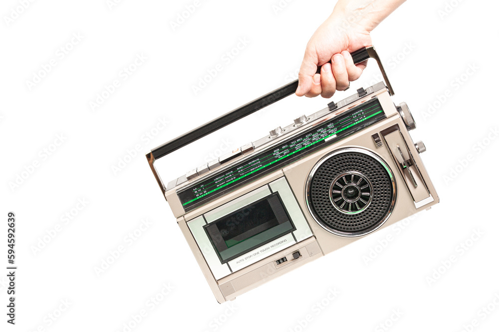 Fototapeta premium Retro ghetto radio boom box cassette recorder from 80s. in hand.