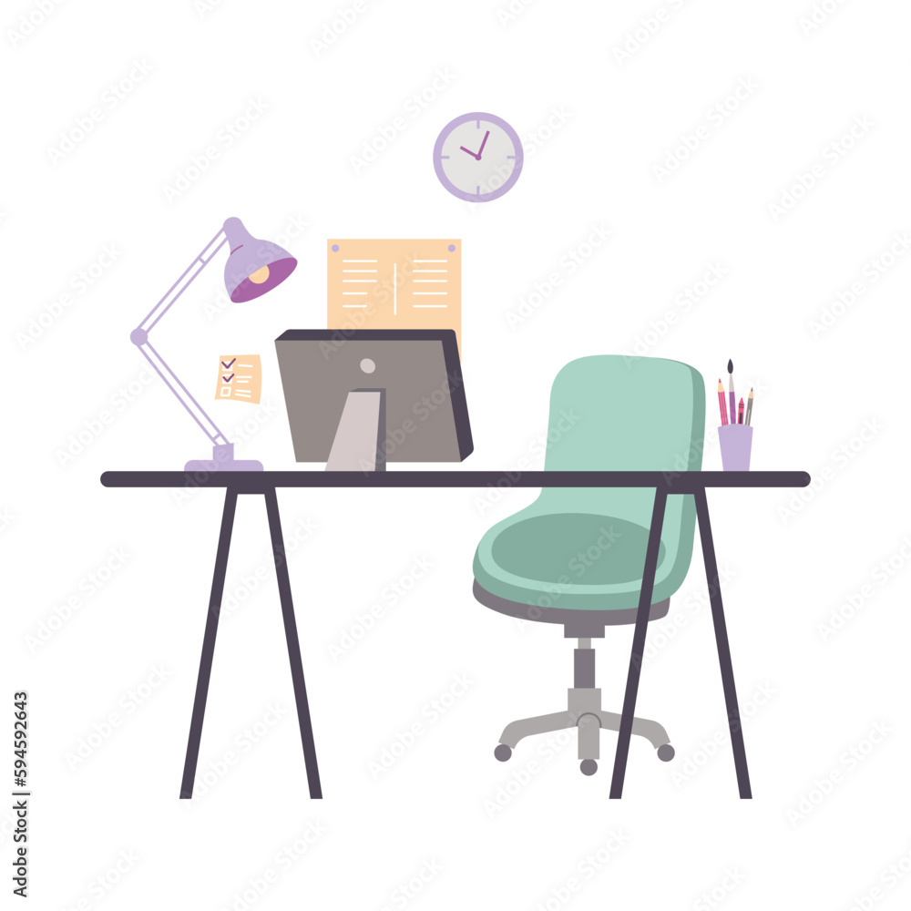 Fototapeta premium Office or home workplace with table, chair, computer and lamp, cartoon style. Trendy modern vector illustration isolated on white background, hand drawn, flat