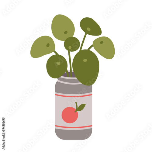 Pilea peperomioides, Chinese money plant in can, cartoon style. House plants for home interior, urban jungle. Trendy modern vector illustration isolated on white, hand drawn, flat