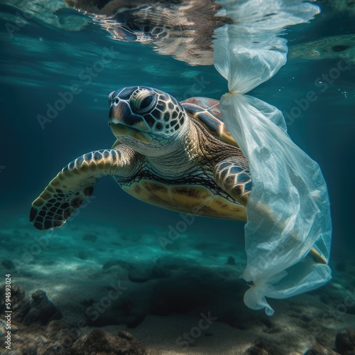 Green sea turtle, swimming underwater, wrapped in a plastic bag, environmental conservation concept. sea pollution, generative AI