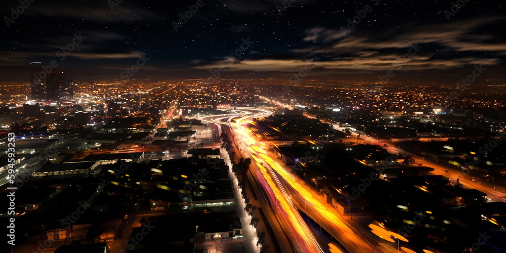 night city blurred light starry sky and moon view from plane  car traffic ,starry sky and moon  panorama,night city street lanter blurred light houses and trees on road traffic light,generated ai