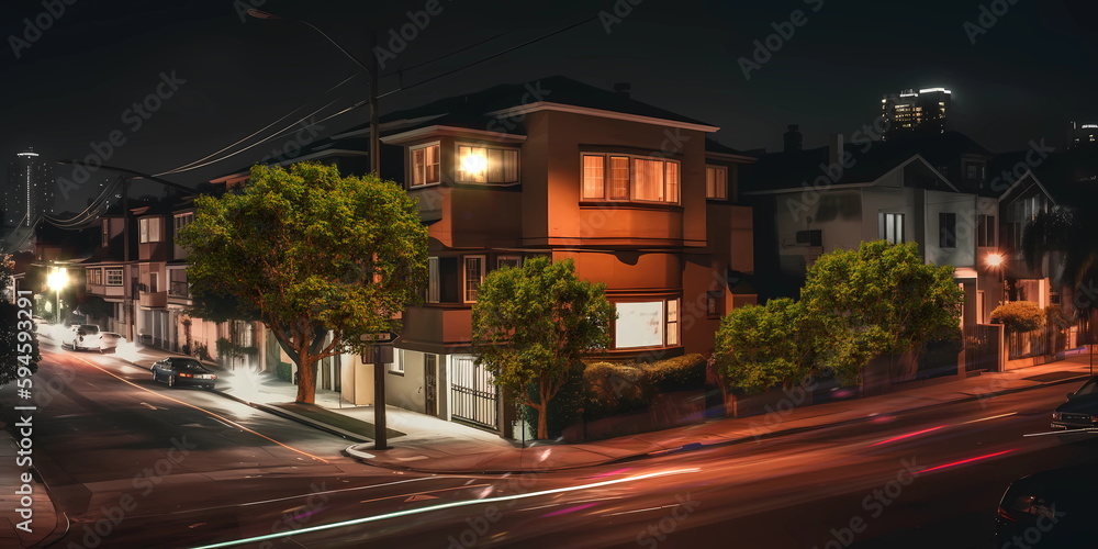 Fototapeta premium night city street lanter blurred light houses and trees on road traffic light,generated ai