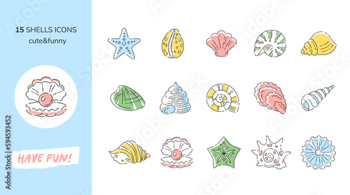 Seashells icons set. Pixel perfect editable stroke linear vector collection of seashells, cockleshell, conch, scallop, clamshell, oyster shell, cowrie, periwinkle, abalone. Isolated outline icons.