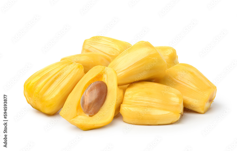 Ripe Jackfruit bulbs isolated on white background. Clipping path. Ripe Jackfruit bulbs isolated on white background. Clipping path.