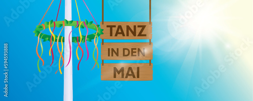 hanging wooden sign -tanz in den mai- maypole with colorful ribbons
