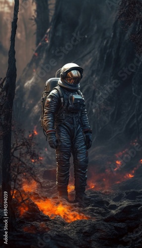 An astronaut walks on the scorched earth of a lifeless planet. Created in AI.
