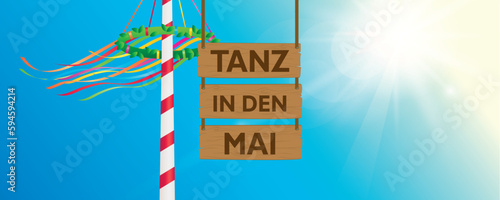 hanging wooden sign -tanz in den mai- maypole with colorful ribbons