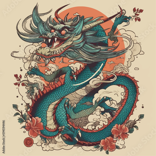 Chinese Dragon tattoo design 2d illustration. Traditional mystical creature vector