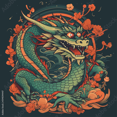 Chinese Dragon tattoo design 2d illustration. Traditional mystical creature vector