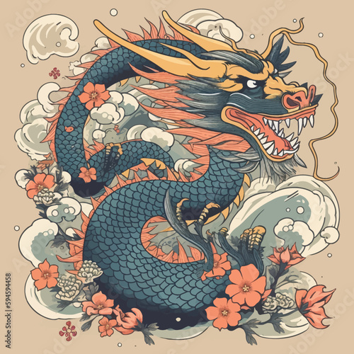 Chinese Dragon tattoo design 2d illustration. Traditional mystical creature vector