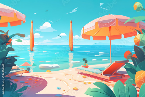 Illustration of a tropical island with umbrellas. Generate by ai
