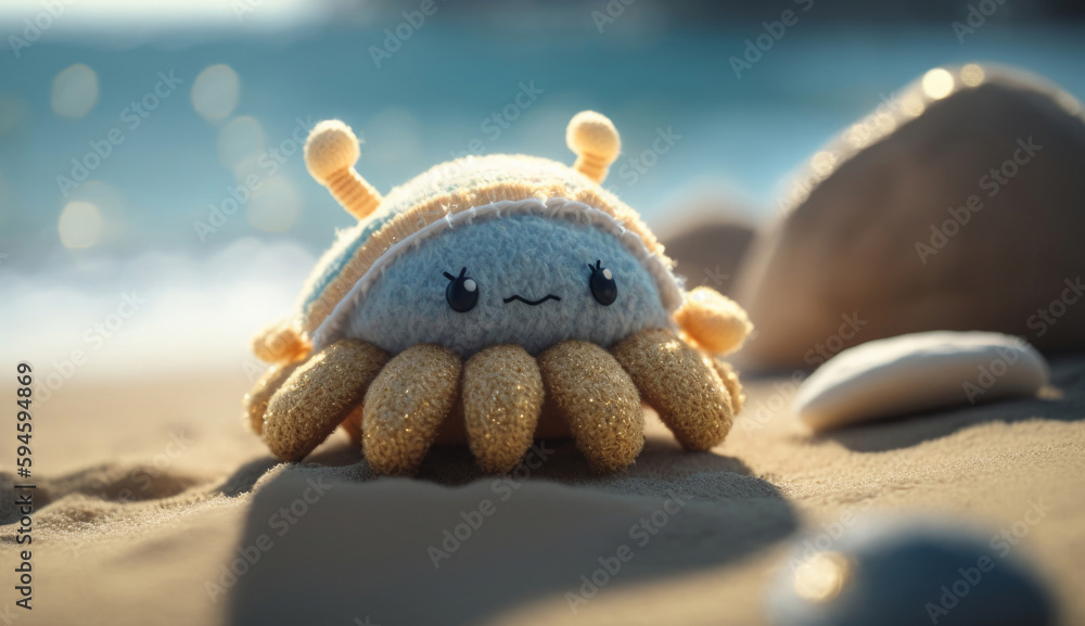 A cute crab in a shell on a sandy sea beach, a knitted toy made of expensive textiles. Character for children's stories and fairy tales. Created with AI. A cute crab in a shell on a sandy sea beach, a knitted toy made of expensive textiles. Character for children's stories and fairy tales. Created with AI.