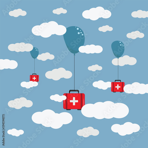 humanitarian aid. medical cargo goes down to hard-to-reach places with a balloons. flat illustration
