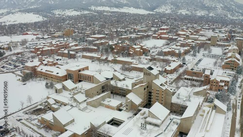 Snow capped University of Boulder, Colorado with mountain range in background - South  photo
