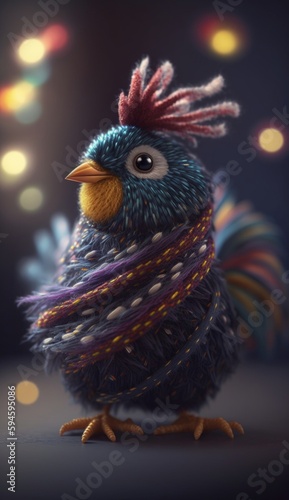 An exclusive expensive toy, a rooster sewn from luxurious yarn. Character of children's fairy tales and stories, birthday present. Created with AI.