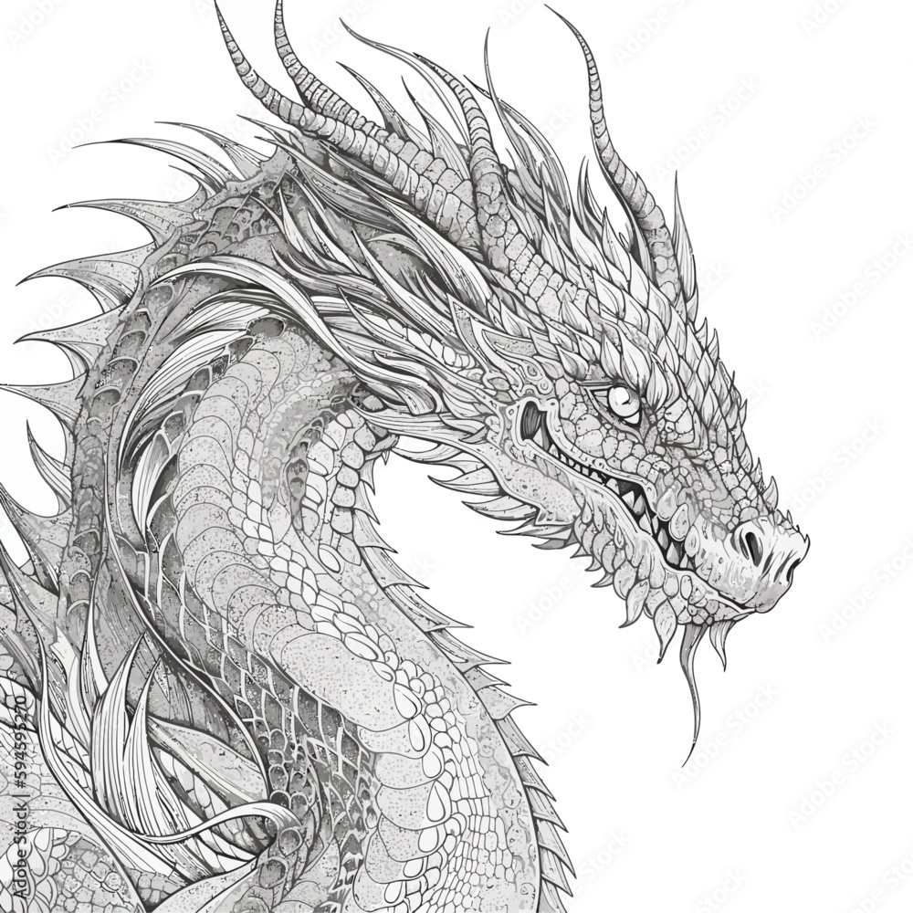 Chinese Dragon black and white drawing design 2d illustration. Traditional mystical creature vector coloring page Chinese Dragon black and white drawing design 2d illustration. Traditional mystical creature vector coloring page