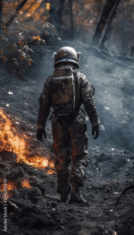 An astronaut walks on the scorched earth of a lifeless planet. Created in AI.