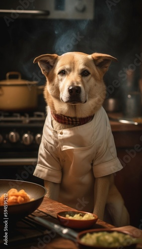 Gorgeous purebred dog in the image of a chef. Prepares food in the kitchen in a homely atmosphere. Created with AI. © Ренат Хисматулин