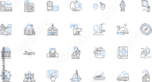 Foreign escapade line icons collection. Adventure, Culture, Exploration, Wanderlust, Expedition, Discovery, Escape vector and linear illustration. Immersion,Journey,Excitement outline signs set