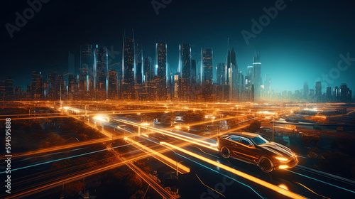 Futuristic skyscraper and road transportation technology with digital data transfer. High speed light trail of cars. Internet of things. generative AI.