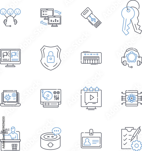 Virtual line icons collection. Digital, Remote, Online, Simulated, Immersive, Artificial, Augmented vector and linear illustration. Cyber,Virtuality,Synthetic outline signs set photo