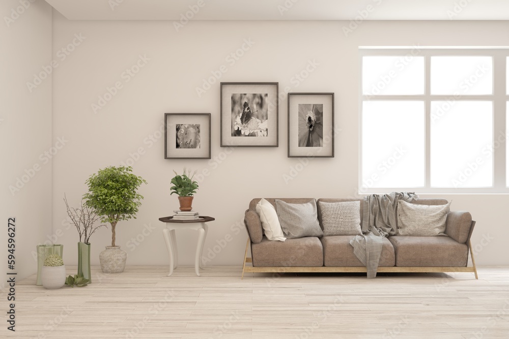 White modern interior design with sofa. Scandinavian interior design. 3D illustration White modern interior design with sofa. Scandinavian interior design. 3D illustration