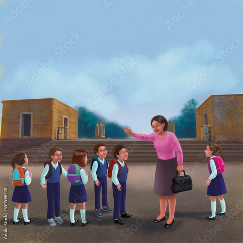 Teacher and her students on a school trip at Anıtkabir.  Hand drawn Digital painting.