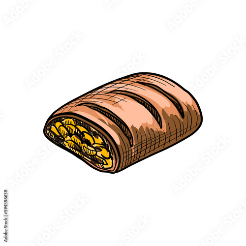 vector drawing sketch of piece of apple strudel , hand drawn illustration at white background