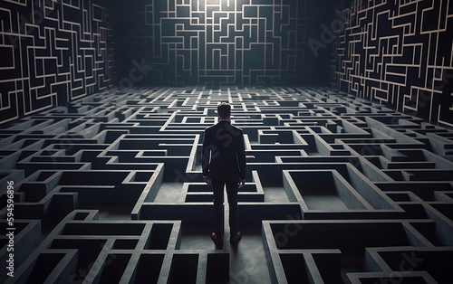 Person in maze. Labyrinth. Generative AI technology.