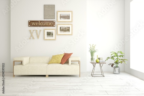 White scandinavian interior design with sofa. 3D illustration