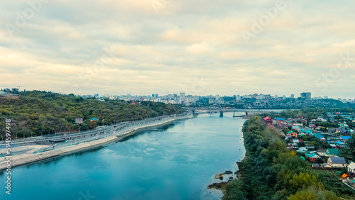 Ufa, Russia. Belaya river. Belsky bridge, Aerial View © nikitamaykov