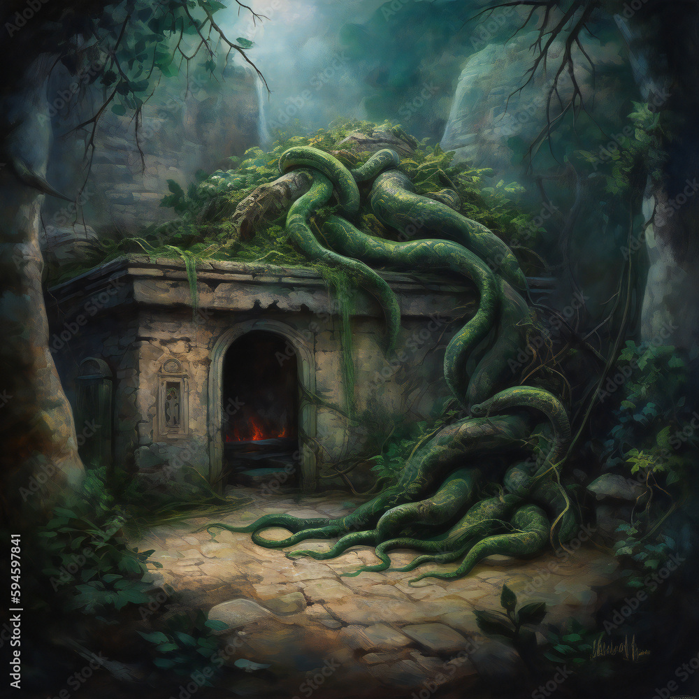 Medusa with living snake hair in stone chamber, CG artwork of natural landscape with plants, trees, window, grass, and atmospheric phenomenon.