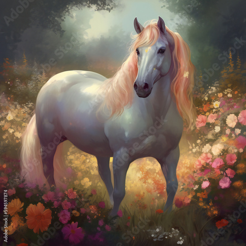 Enchanted unicorn in floral haven  majestic white horse with flowers  nature painting  atmospheric art  generative AI.