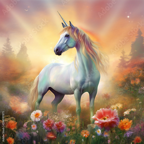 Enchanted unicorn in floral haven with flowers  natural landscape painting with atmospheric phenomenon  generative AI.