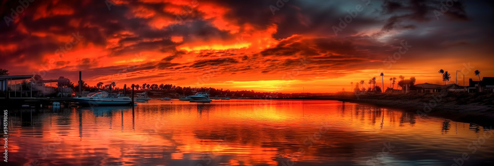 Stunning sunset. Vibrant sunset descending on the horizon, sea in golden colors, small waves gently touching the sands, amazing clouds on sky. digital ai art Stunning sunset. Vibrant sunset descending on the horizon, sea in golden colors, small waves gently touching the sands, amazing clouds on sky. digital ai art