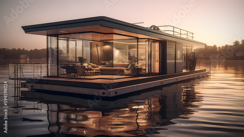 A modern luxury houseboat on a lake photo