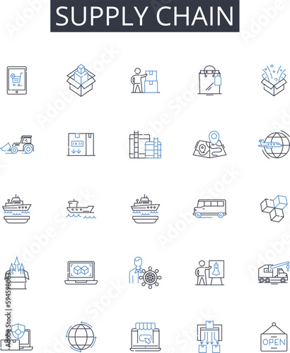 Supply chain line icons collection. Value stream, Logistics nerk, Manufacturing flow, Distribution channel, Product pipeline, Operations pipeline, Resource pipeline vector and linear illustration