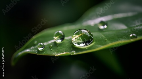 A close-up shot of a water droplet on a green leaf