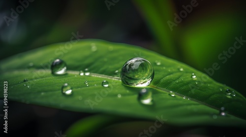A close-up shot of a water droplet on a green leaf