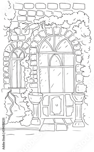 Wallpaper Mural Old courtyard window door weaving plants old masonry hand drawn coloring graphics on a white background Torontodigital.ca