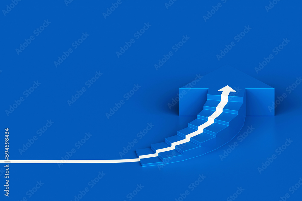 White arrow following the spiral staircase of growth on blue background, 3D arrow climbing up over spiral staircase, 3d stairs with arrow going upward, 3d rendering