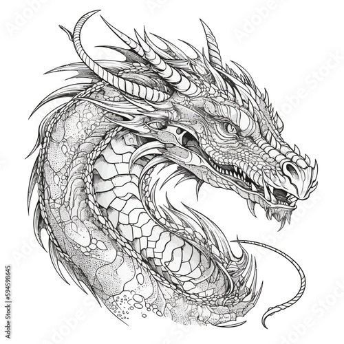Chinese Dragon black and white drawing design 2d illustration. Traditional mystical creature vector coloring page