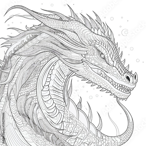 Chinese Dragon black and white drawing design 2d illustration. Traditional mystical creature vector coloring page