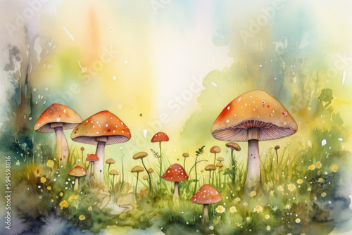 Paint a watercolor landscape of a peaceful and idyllic countryside with friendly mushrooms growing among the grass and flowers