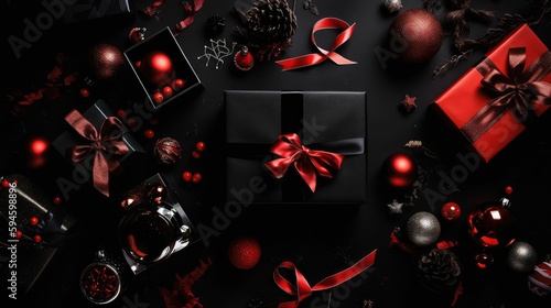 Christmass tmass gift in red paper isolated at black background..Created with generative AI