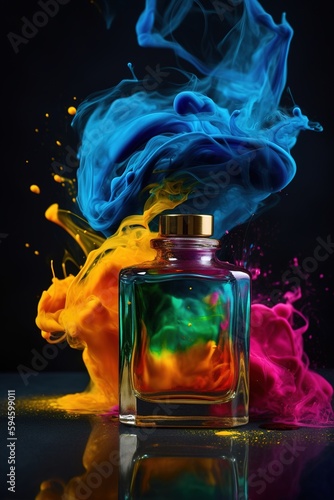 Perfume bottle with colorful ink / paint splashes all around. Creative generative art