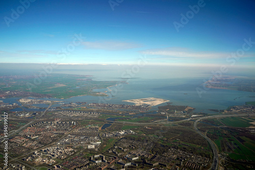 rotterdam north sea aerial Netherlands holland panorama from airplane before landing to AMsterdam SChipol airport
