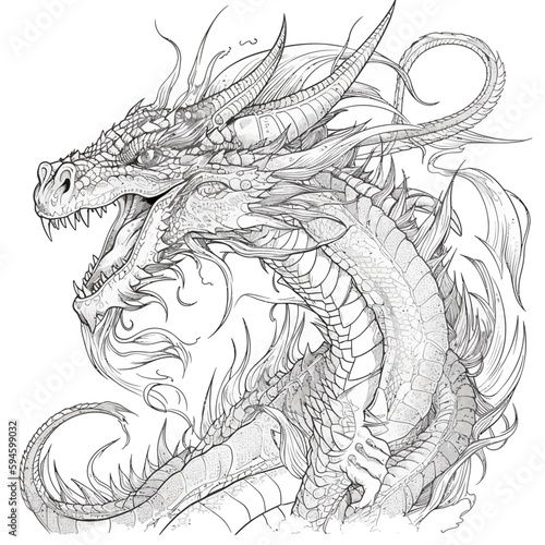 Chinese Dragon black and white drawing design 2d illustration. Traditional mystical creature vector coloring page